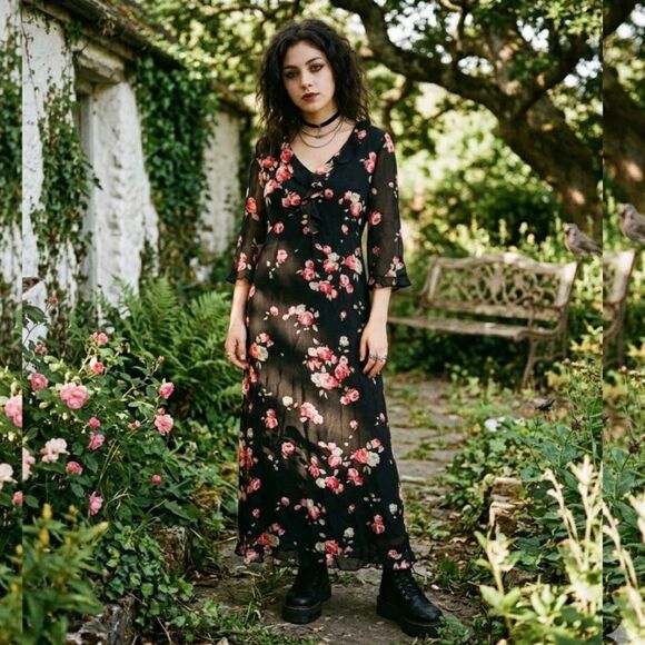 Vintage Dresses & Skirts - 🌹 VTG 90s WHIMSIGOTH ROSE MAXI DRESS 🌹 ruffles floral 3/4 sleeve rayon vintage